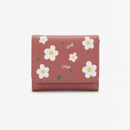 Pink floral print mini trifold ladies wallet with love.