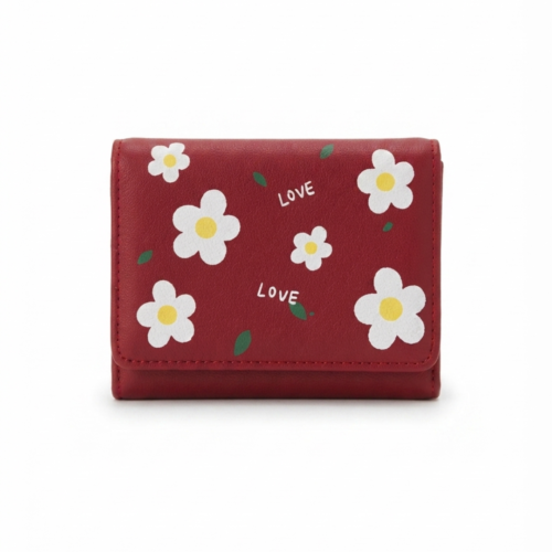 Maroon floral print mini trifold ladies wallet with love.
