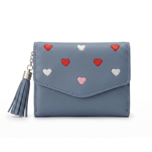sky blue embroided Ladies mini wallet with tassel and heart pattern