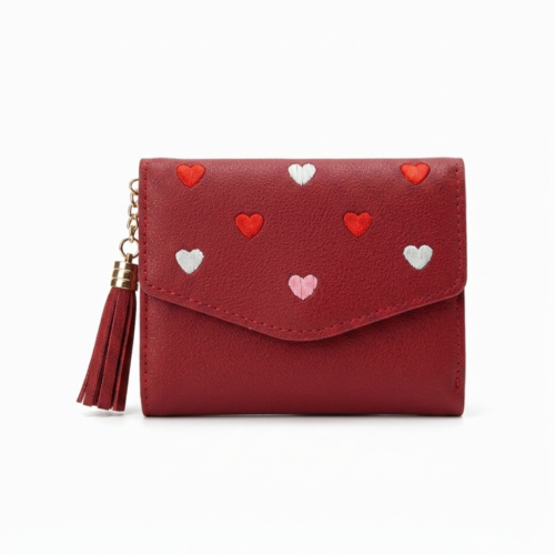 Maroon embroided Ladies mini wallet with tassel and heart pattern