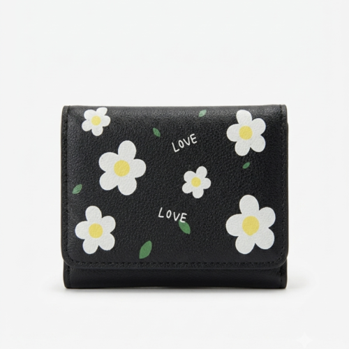 Black floral print mini trifold ladies wallet with love