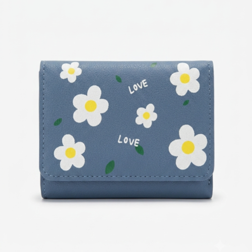 Blue floral print mini trifold ladies wallet with love.