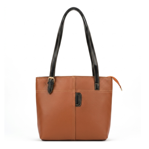 Cognac Brown Leather Tote Bag with Black Straps | Sevoye