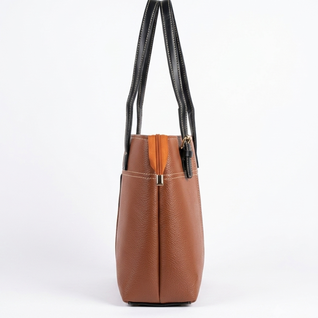 Cognac Brown Leather Tote Bag with Black Straps | Sevoye - Image 3