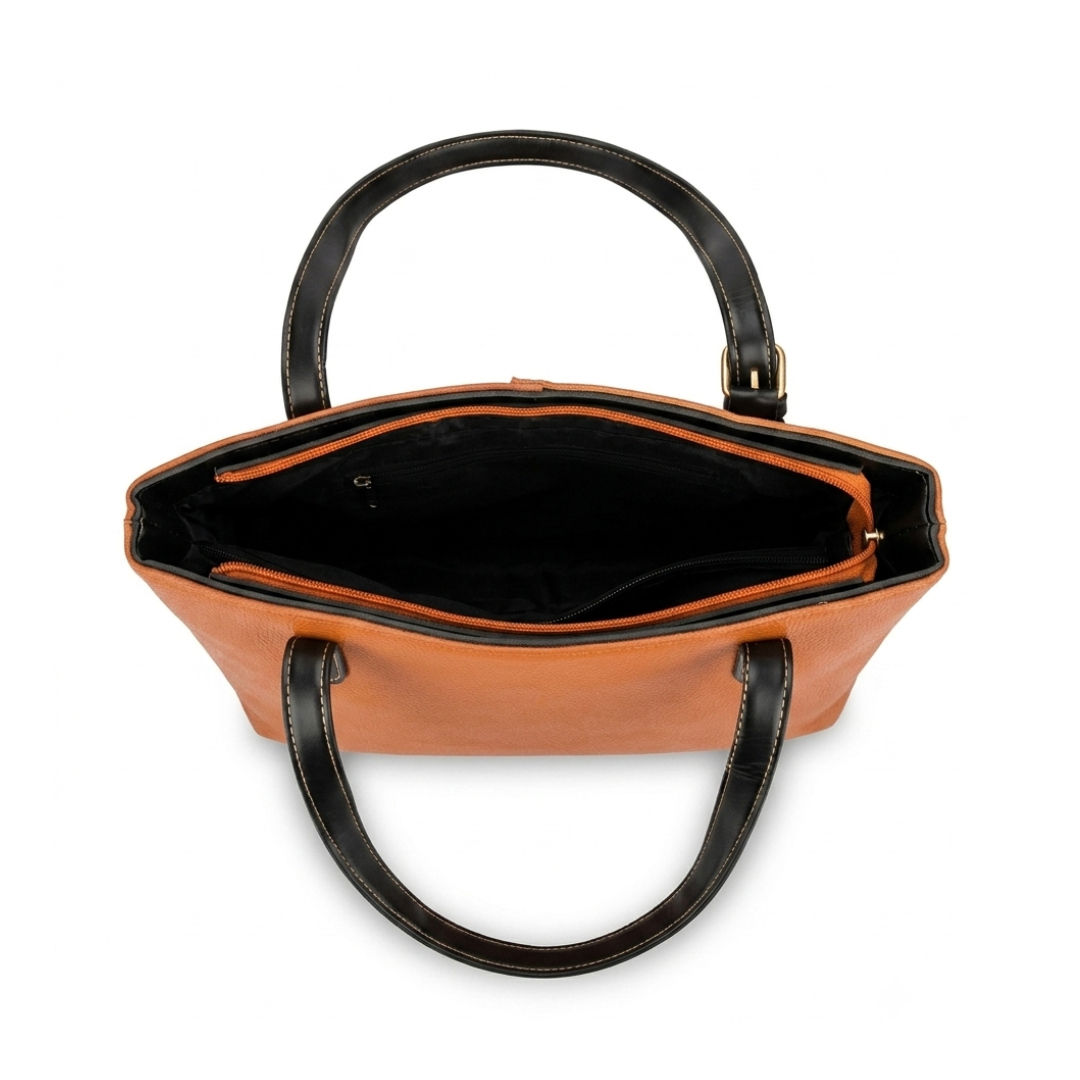 Cognac Brown Leather Tote Bag with Black Straps | Sevoye - Image 2