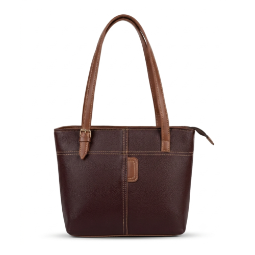 Chocolate Brown Leather Tote Bag with Tan Straps | Sevoye