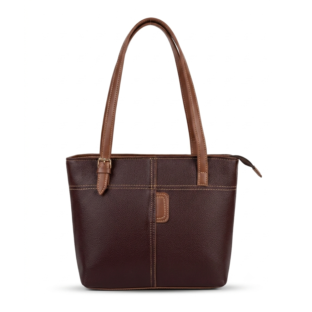 Chocolate Brown Leather Tote Bag with Tan Straps | Sevoye