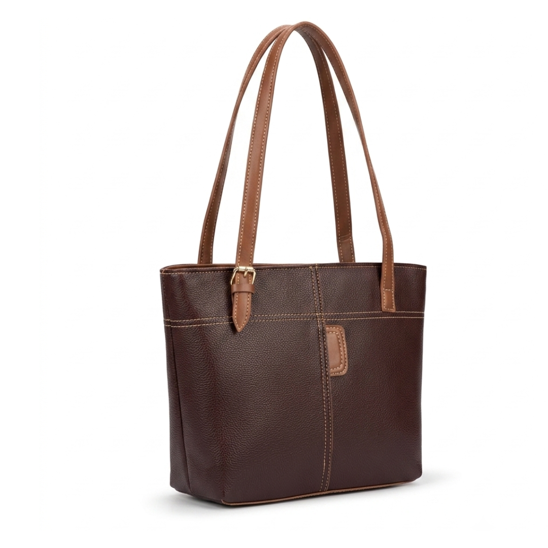 Chocolate Brown Leather Tote Bag with Tan Straps | Sevoye - Image 2