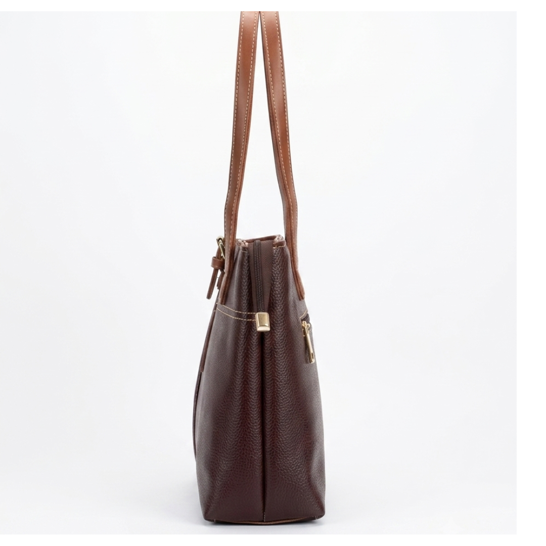 Chocolate Brown Leather Tote Bag with Tan Straps | Sevoye - Image 4