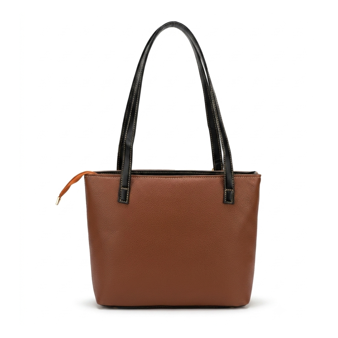 Cognac Brown Leather Tote Bag with Black Straps | Sevoye - Image 4